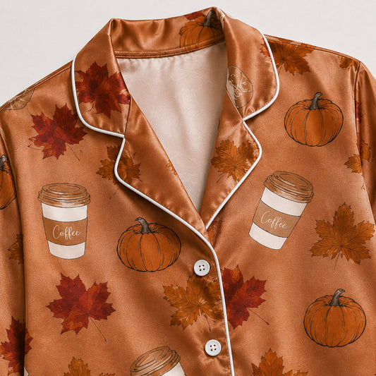 PJ-595-Burnt Orange Pumpkin Coffee Satin Pajamas Fall Maple Leaf Autumn Sleepwear