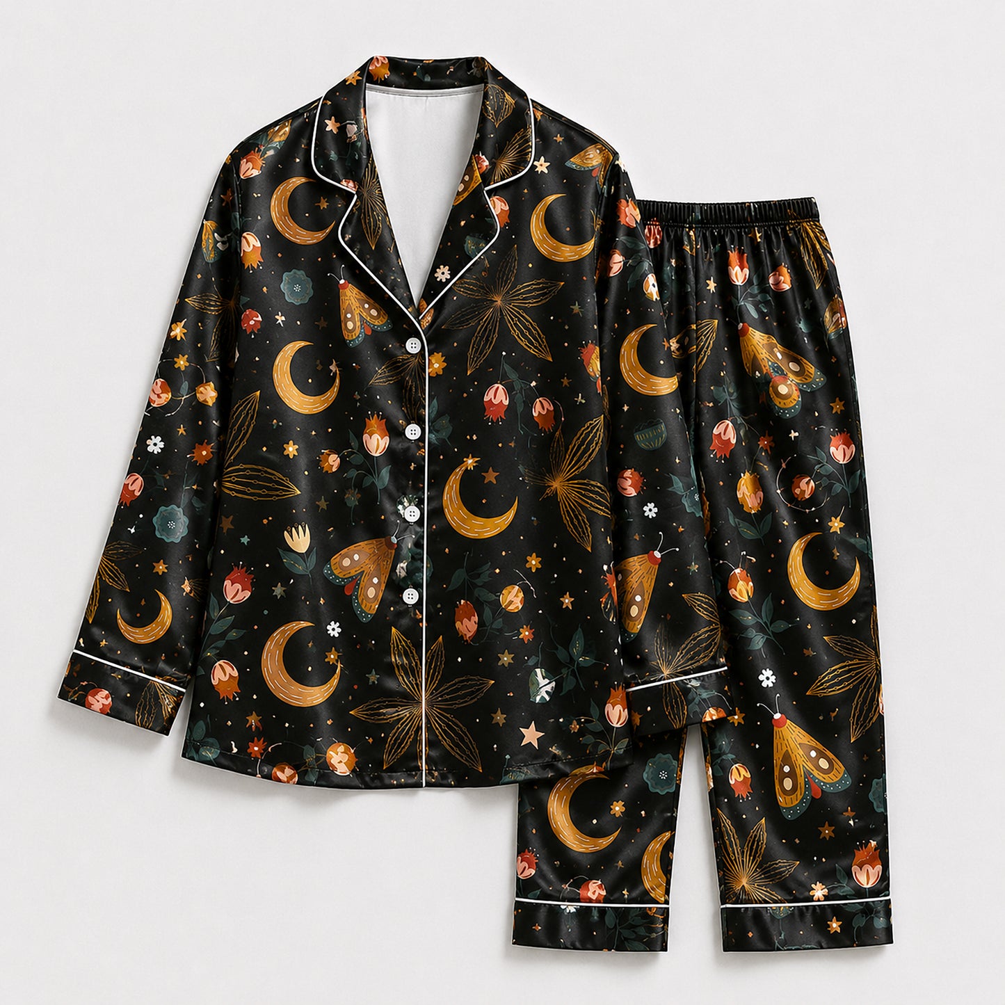 PJ-596-Celestial Moon Moth Satin Pajamas Black Botanical Floral Sleepwear Witchy Nightwear