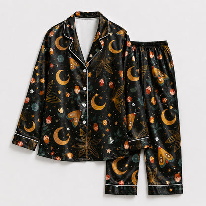 PJ-596-Celestial Moon Moth Satin Pajamas Black Botanical Floral Sleepwear Witchy Nightwear