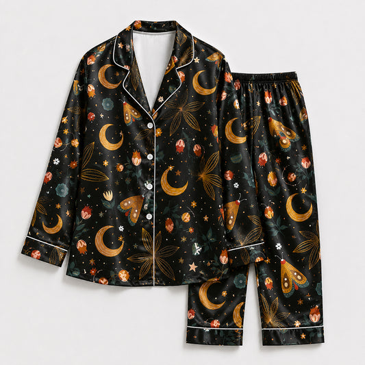 PJ-596-Celestial Moon Moth Satin Pajamas Black Botanical Floral Sleepwear Witchy Nightwear
