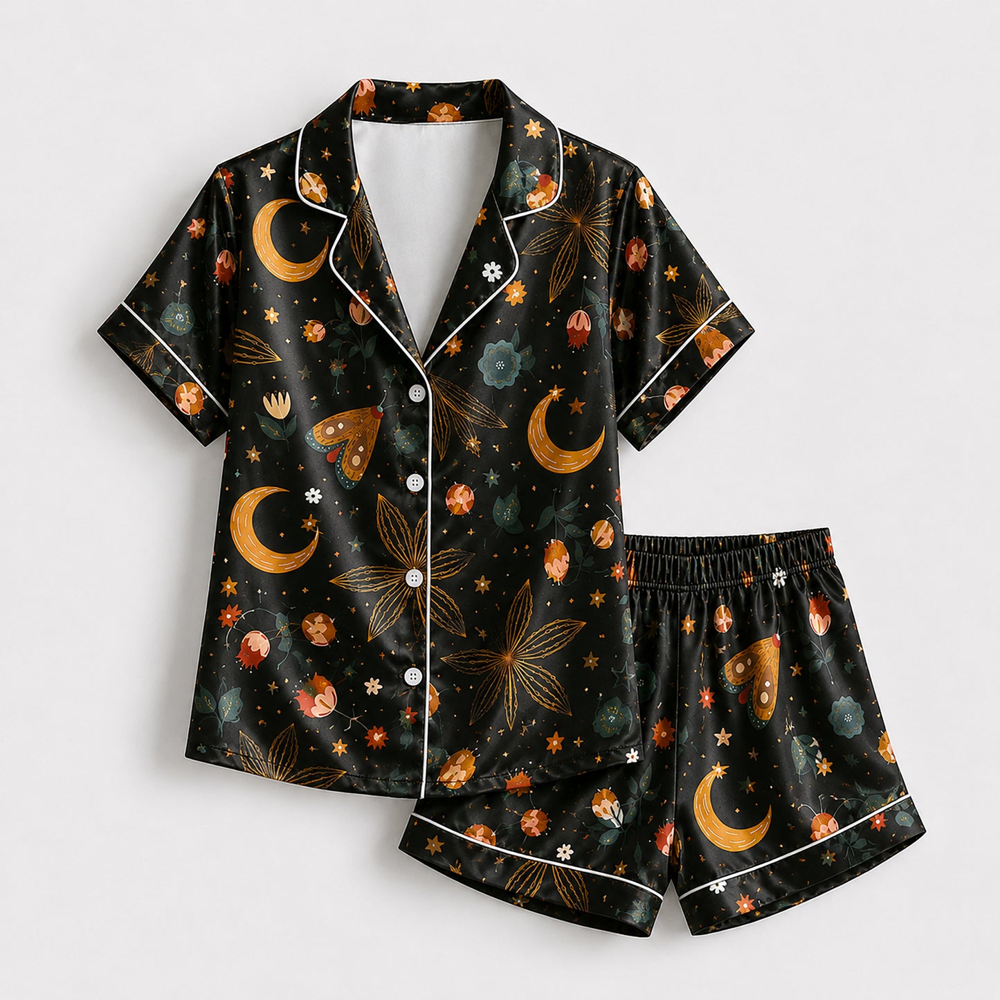 PJ-596-Celestial Moon Moth Satin Pajamas Black Botanical Floral Sleepwear Witchy Nightwear