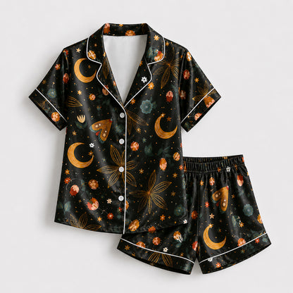 PJ-596-Celestial Moon Moth Satin Pajamas Black Botanical Floral Sleepwear Witchy Nightwear