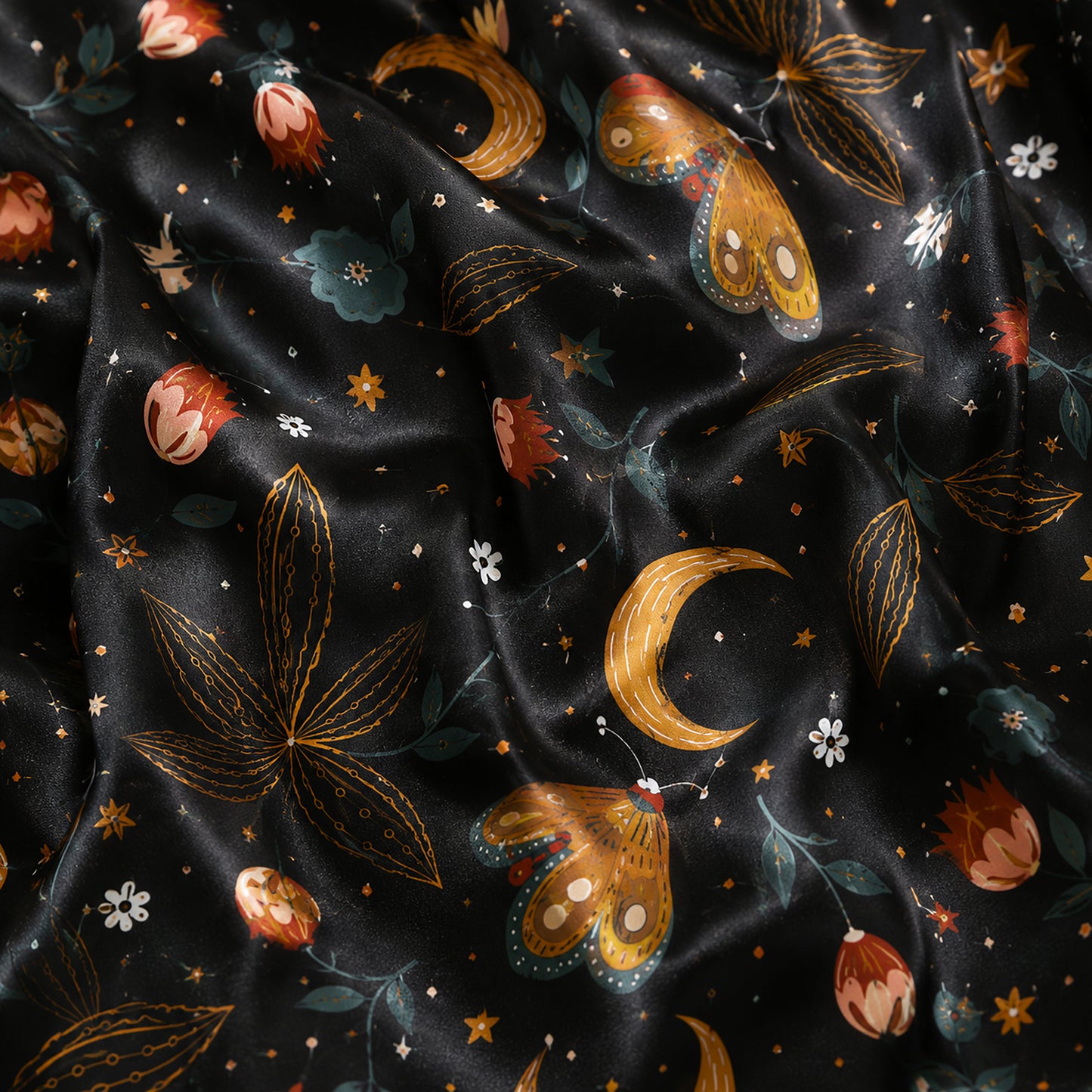 PJ-596-Celestial Moon Moth Satin Pajamas Black Botanical Floral Sleepwear Witchy Nightwear