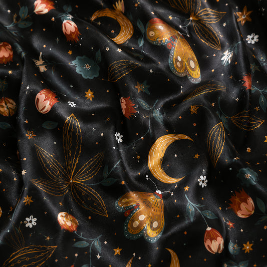 PJ-596-Celestial Moon Moth Satin Pajamas Black Botanical Floral Sleepwear Witchy Nightwear