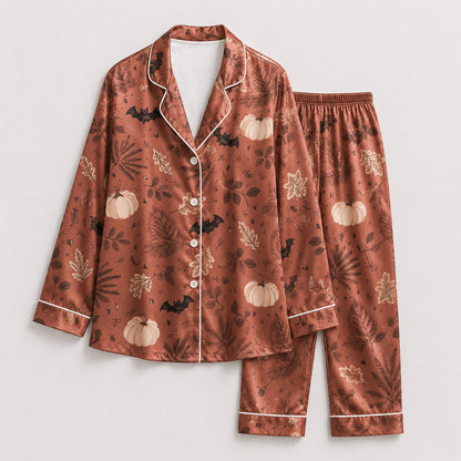 PJ-597-Copper Autumn Bat Satin Pajamas Spooky Pumpkin Botanical Fall Sleepwear