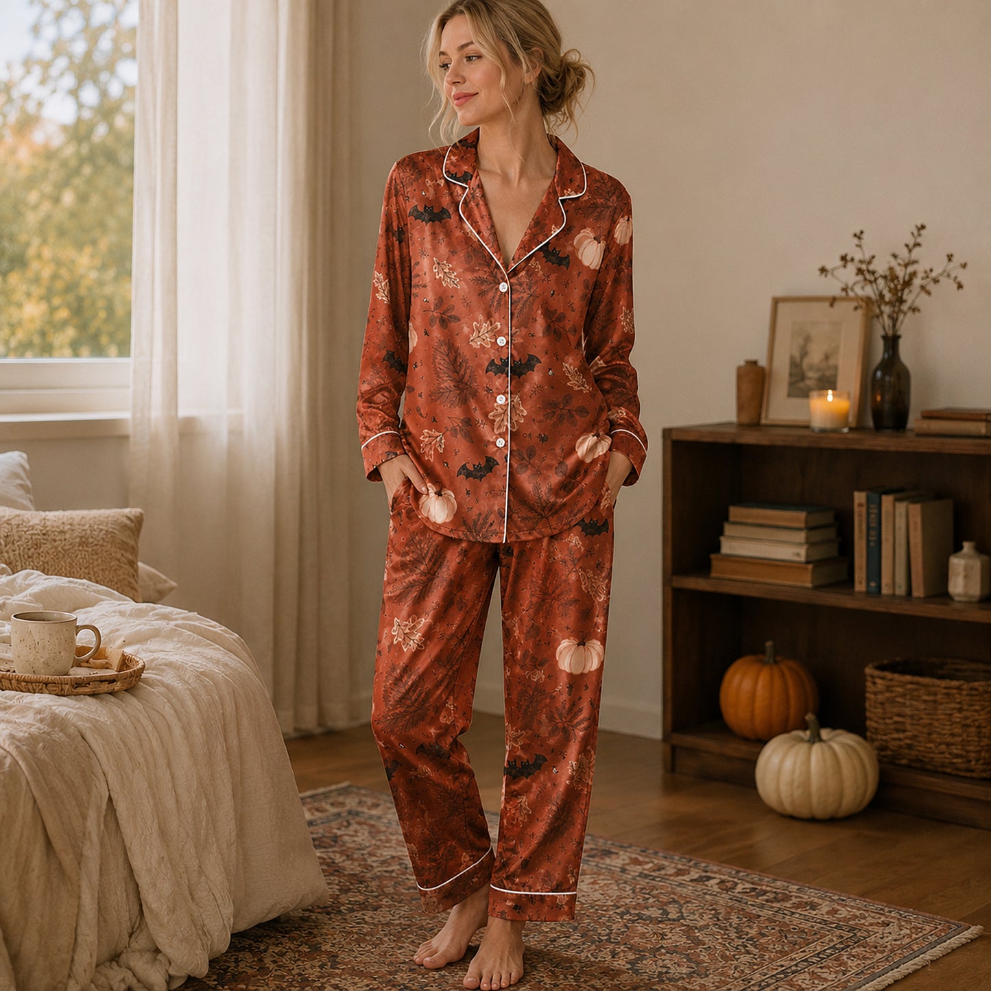 PJ-597-Copper Autumn Bat Satin Pajamas Spooky Pumpkin Botanical Fall Sleepwear