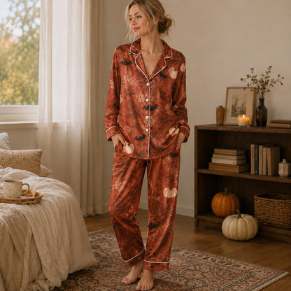 PJ-597-Copper Autumn Bat Satin Pajamas Spooky Pumpkin Botanical Fall Sleepwear