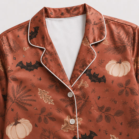 PJ-597-Copper Autumn Bat Satin Pajamas Spooky Pumpkin Botanical Fall Sleepwear
