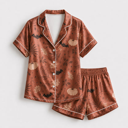 PJ-597-Copper Autumn Bat Satin Pajamas Spooky Pumpkin Botanical Fall Sleepwear
