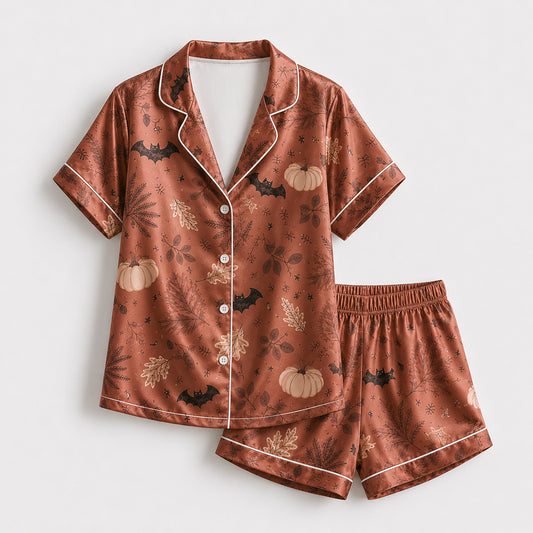 PJ-597-Copper Autumn Bat Satin Pajamas Spooky Pumpkin Botanical Fall Sleepwear