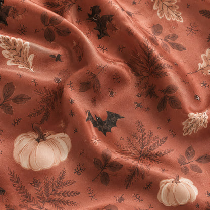 PJ-597-Copper Autumn Bat Satin Pajamas Spooky Pumpkin Botanical Fall Sleepwear