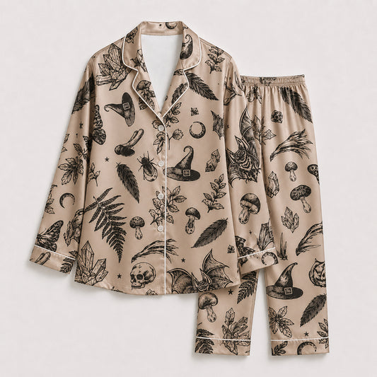 PJ-598-Mystical Witchy Botanical Satin Pajamas Crystal Mushroom Gothic Sleepwear