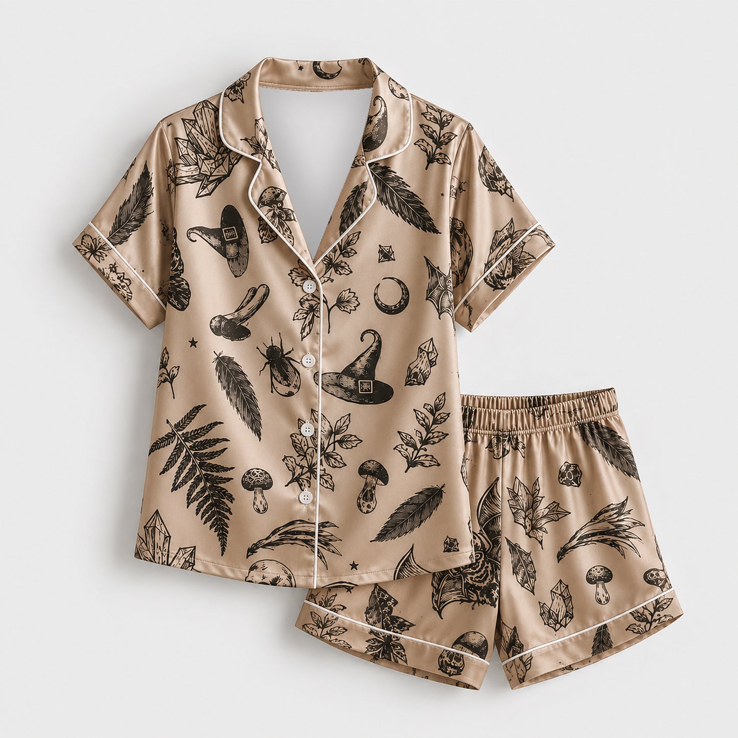 PJ-598-Mystical Witchy Botanical Satin Pajamas Crystal Mushroom Gothic Sleepwear