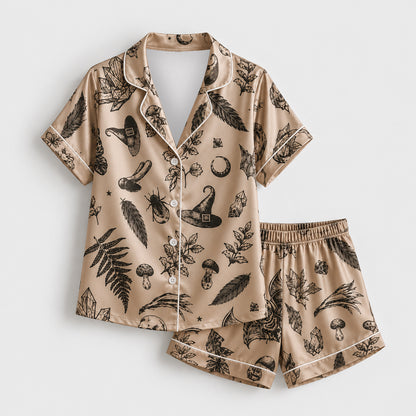 PJ-598-Mystical Witchy Botanical Satin Pajamas Crystal Mushroom Gothic Sleepwear