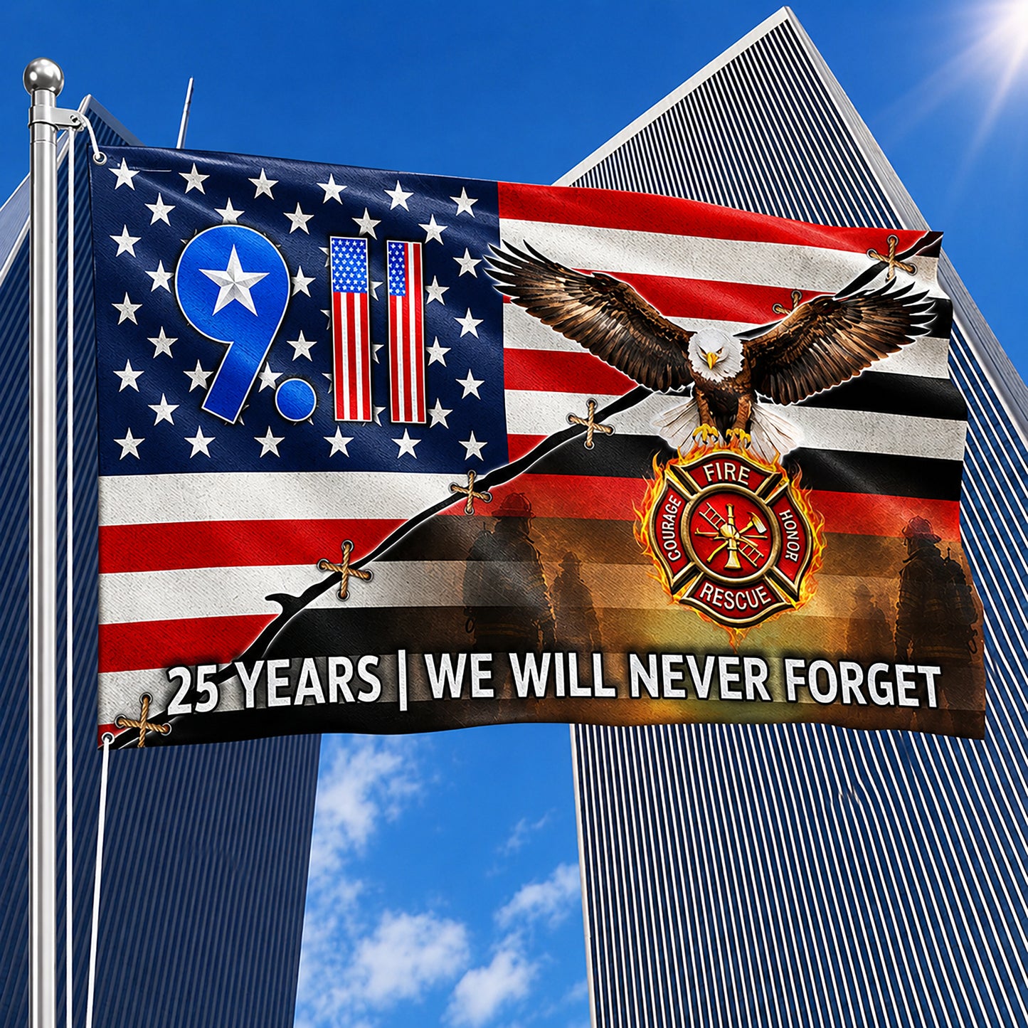 FLG-751-9/11 25 Years Never Forget Memorial Flag, Firefighter Badge & Bald Eagle Patriotic House Flag