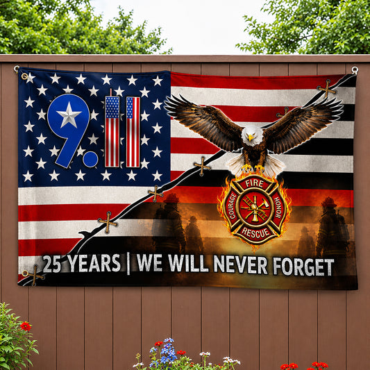 FLG-751-9/11 25 Years Never Forget Memorial Flag, Firefighter Badge & Bald Eagle Patriotic House Flag