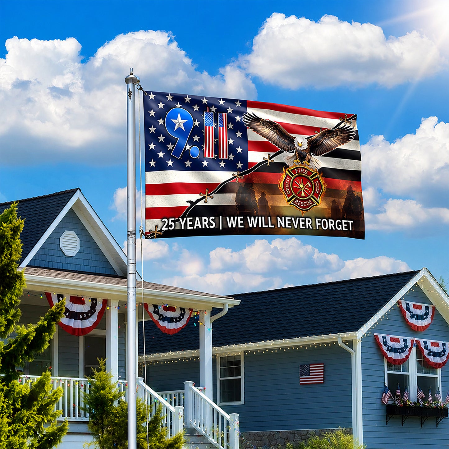 FLG-751-9/11 25 Years Never Forget Memorial Flag, Firefighter Badge & Bald Eagle Patriotic House Flag