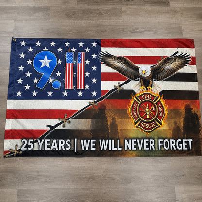 FLG-751-9/11 25 Years Never Forget Memorial Flag, Firefighter Badge & Bald Eagle Patriotic House Flag