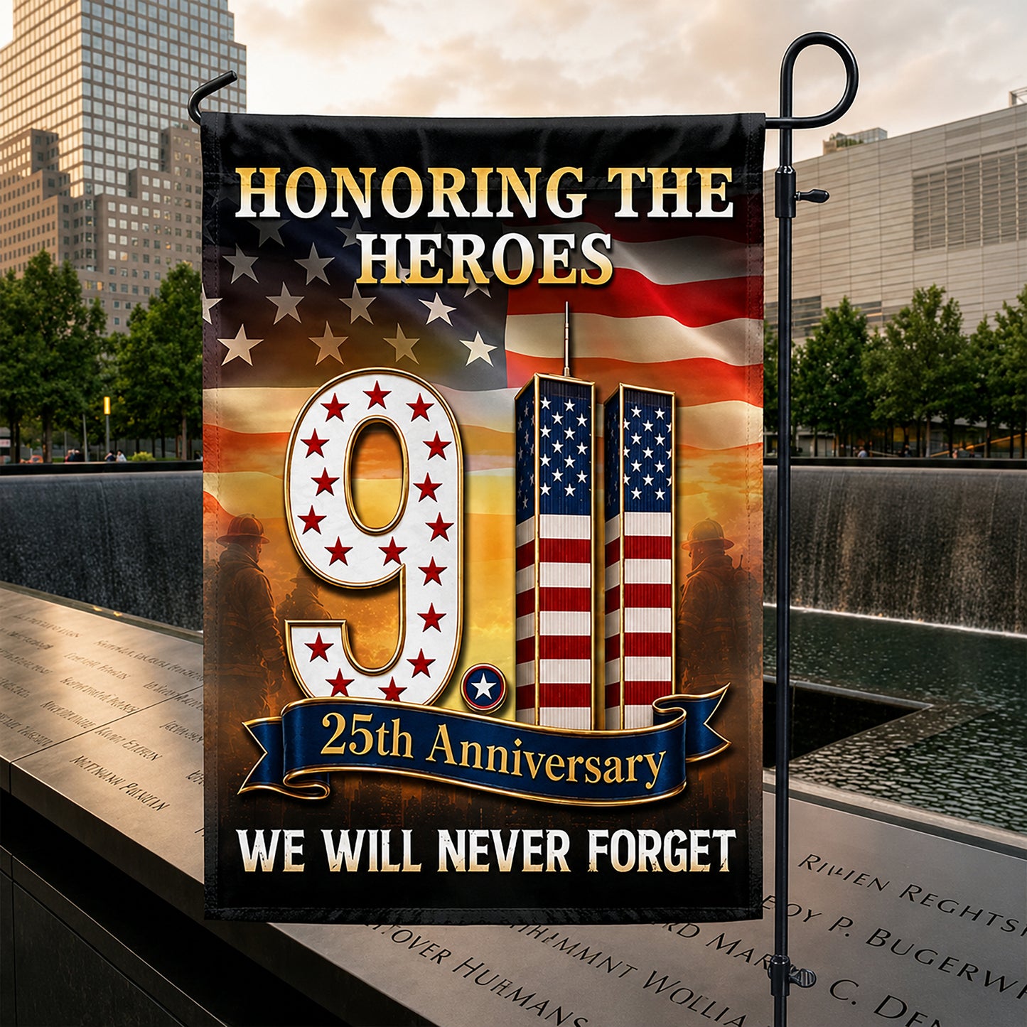 FLG-752-9/11 25th Anniversary Honoring The Heroes Flag, Twin Towers & Firefighter Memorial Yard Garden Flag