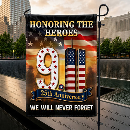 FLG-752-9/11 25th Anniversary Honoring The Heroes Flag, Twin Towers & Firefighter Memorial Yard Garden Flag