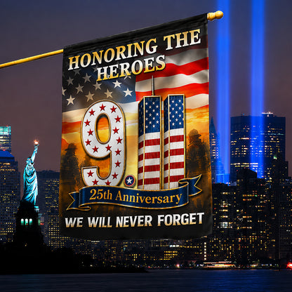 FLG-752-9/11 25th Anniversary Honoring The Heroes Flag, Twin Towers & Firefighter Memorial Yard Garden Flag