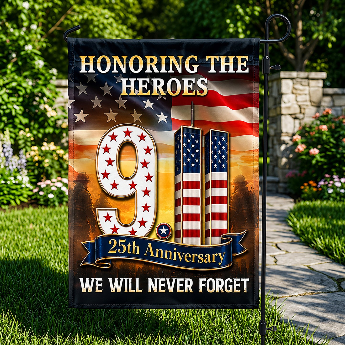 FLG-752-9/11 25th Anniversary Honoring The Heroes Flag, Twin Towers & Firefighter Memorial Yard Garden Flag