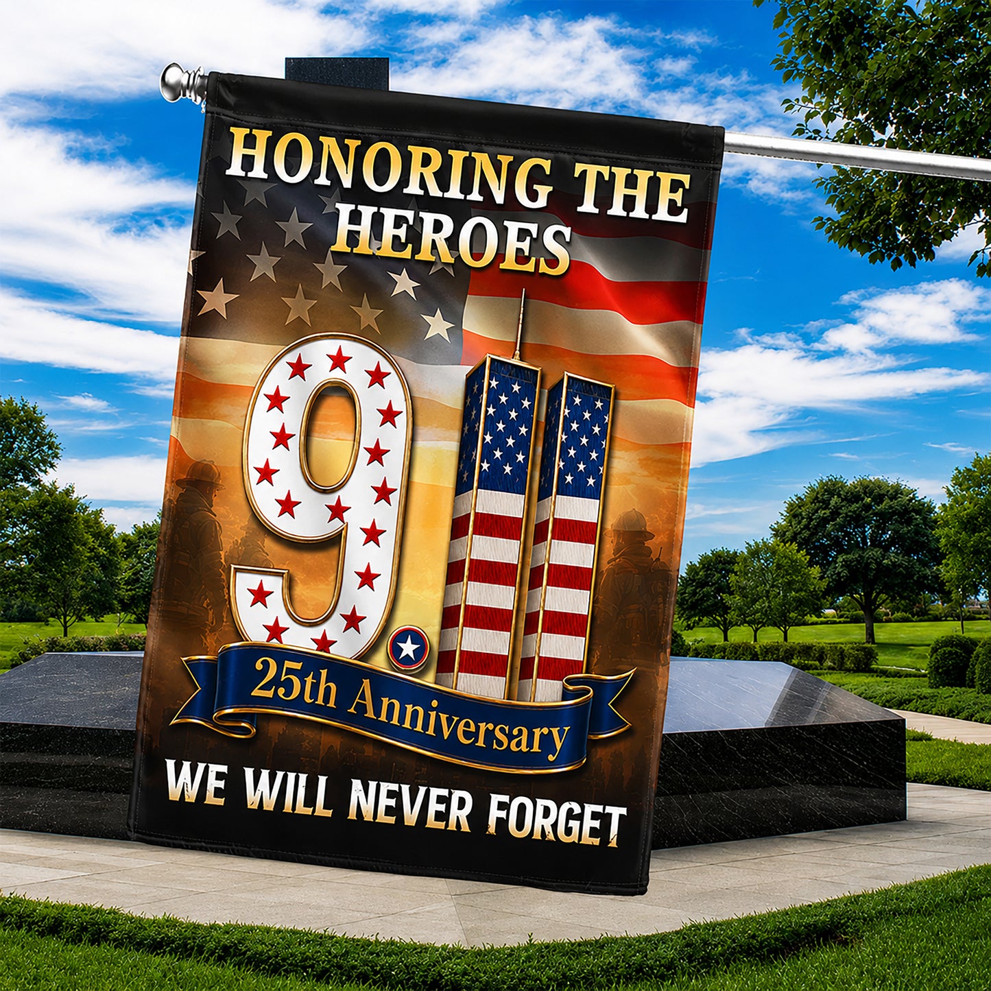 FLG-752-9/11 25th Anniversary Honoring The Heroes Flag, Twin Towers & Firefighter Memorial Yard Garden Flag