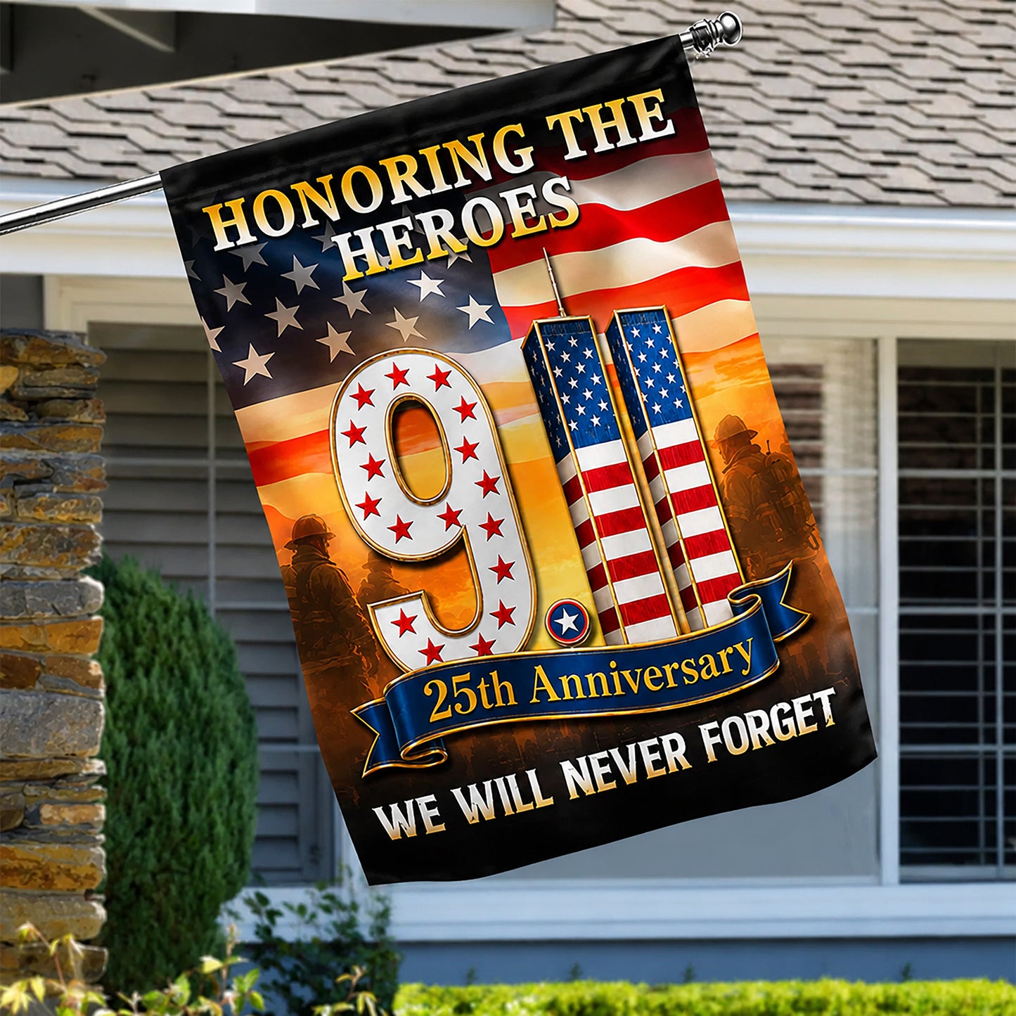 FLG-752-9/11 25th Anniversary Honoring The Heroes Flag, Twin Towers & Firefighter Memorial Yard Garden Flag