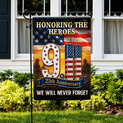 FLG-752-9/11 25th Anniversary Honoring The Heroes Flag, Twin Towers & Firefighter Memorial Yard Garden Flag