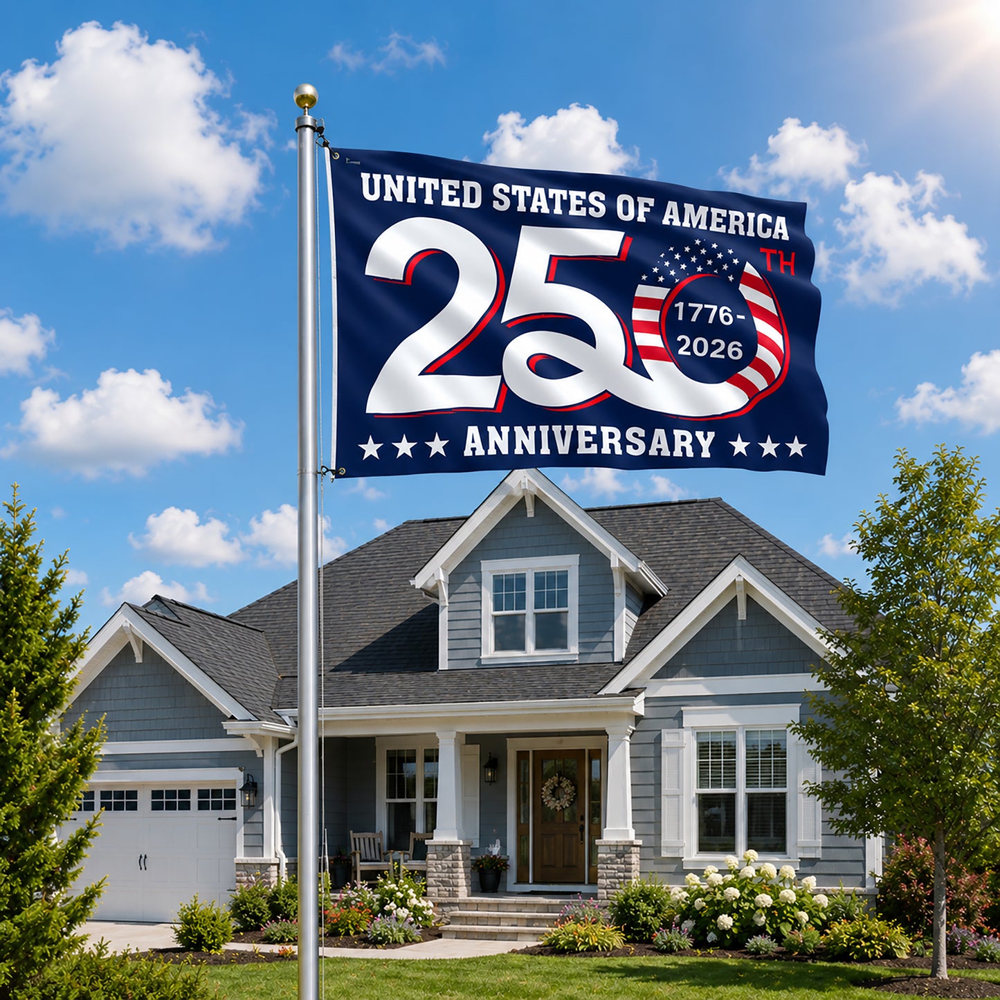 FLG-366-Blue Patriotic USA Flag, United States Semiquincentennial 250th Anniversary Celebration Banner Outdoor Decoration FREE SHIPPING