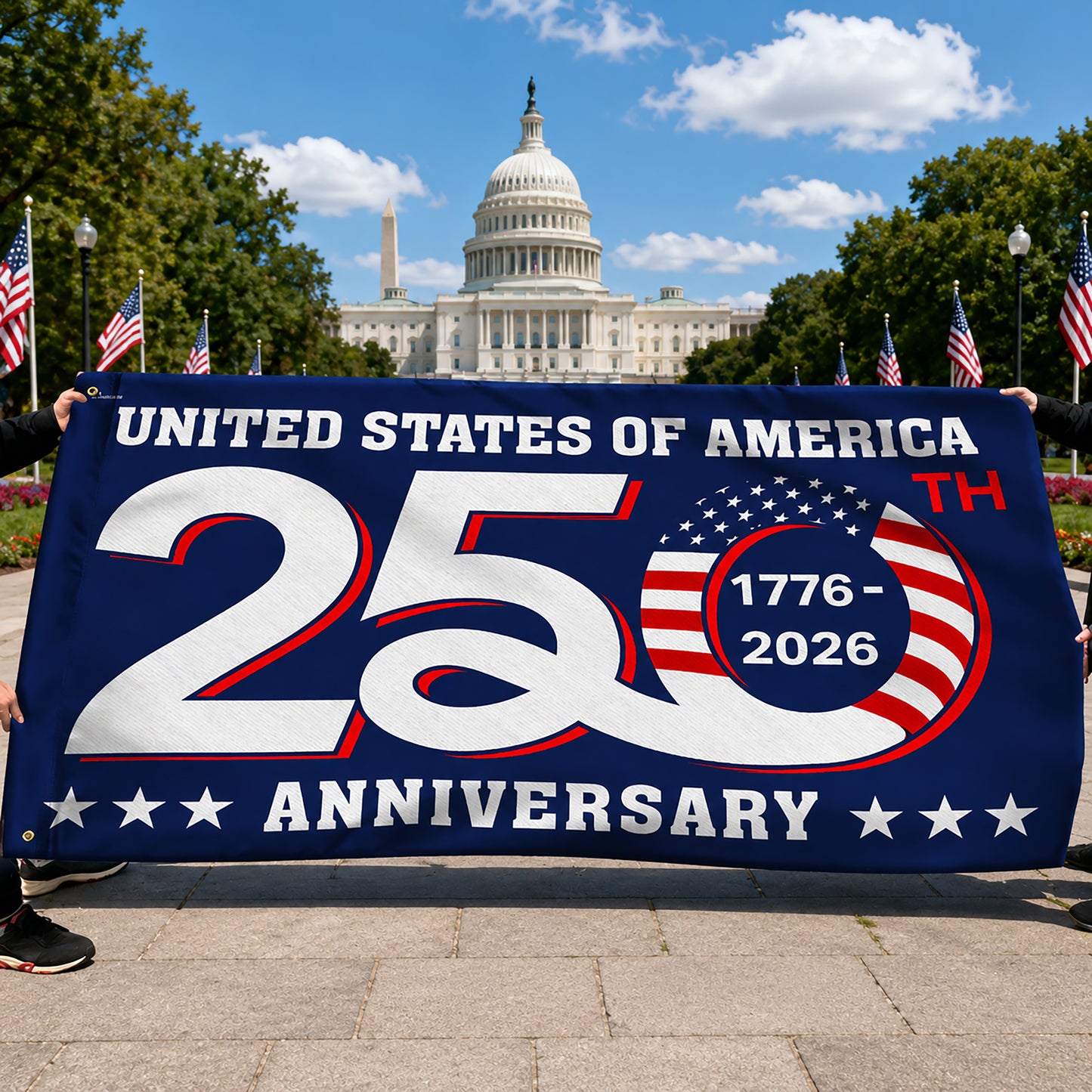 FLG-366-Blue Patriotic USA Flag, United States Semiquincentennial 250th Anniversary Celebration Banner Outdoor Decoration FREE SHIPPING