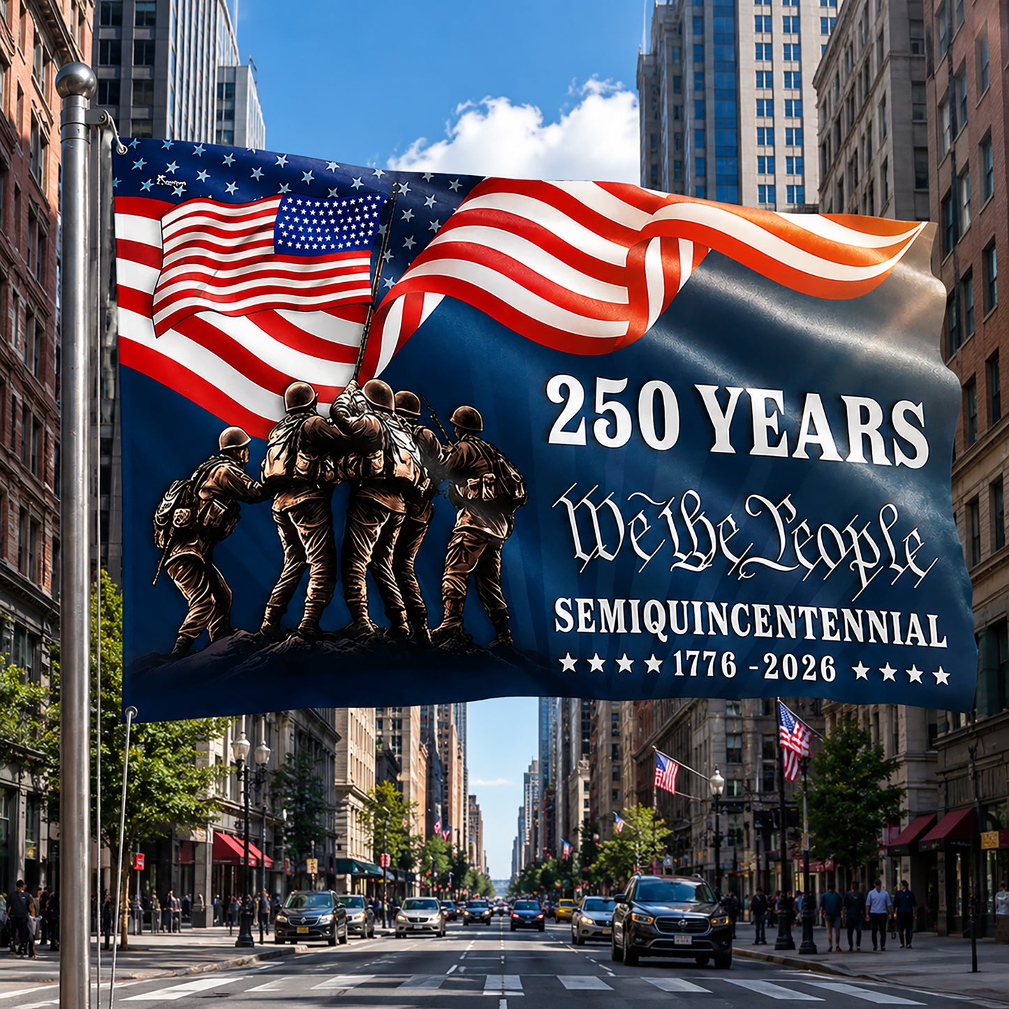 FLG-370-Blue Patriotic USA Flag, United States Semiquincentennial 250th Anniversary Soldiers Banner Outdoor Decoration FREE SHIPPING