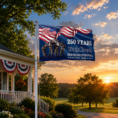 FLG-370-Blue Patriotic USA Flag, United States Semiquincentennial 250th Anniversary Soldiers Banner Outdoor Decoration FREE SHIPPING