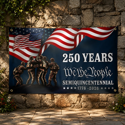 FLG-370-Blue Patriotic USA Flag, United States Semiquincentennial 250th Anniversary Soldiers Banner Outdoor Decoration FREE SHIPPING