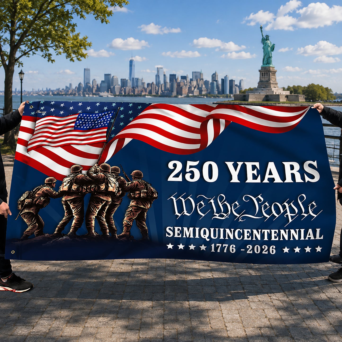 FLG-370-Blue Patriotic USA Flag, United States Semiquincentennial 250th Anniversary Soldiers Banner Outdoor Decoration FREE SHIPPING
