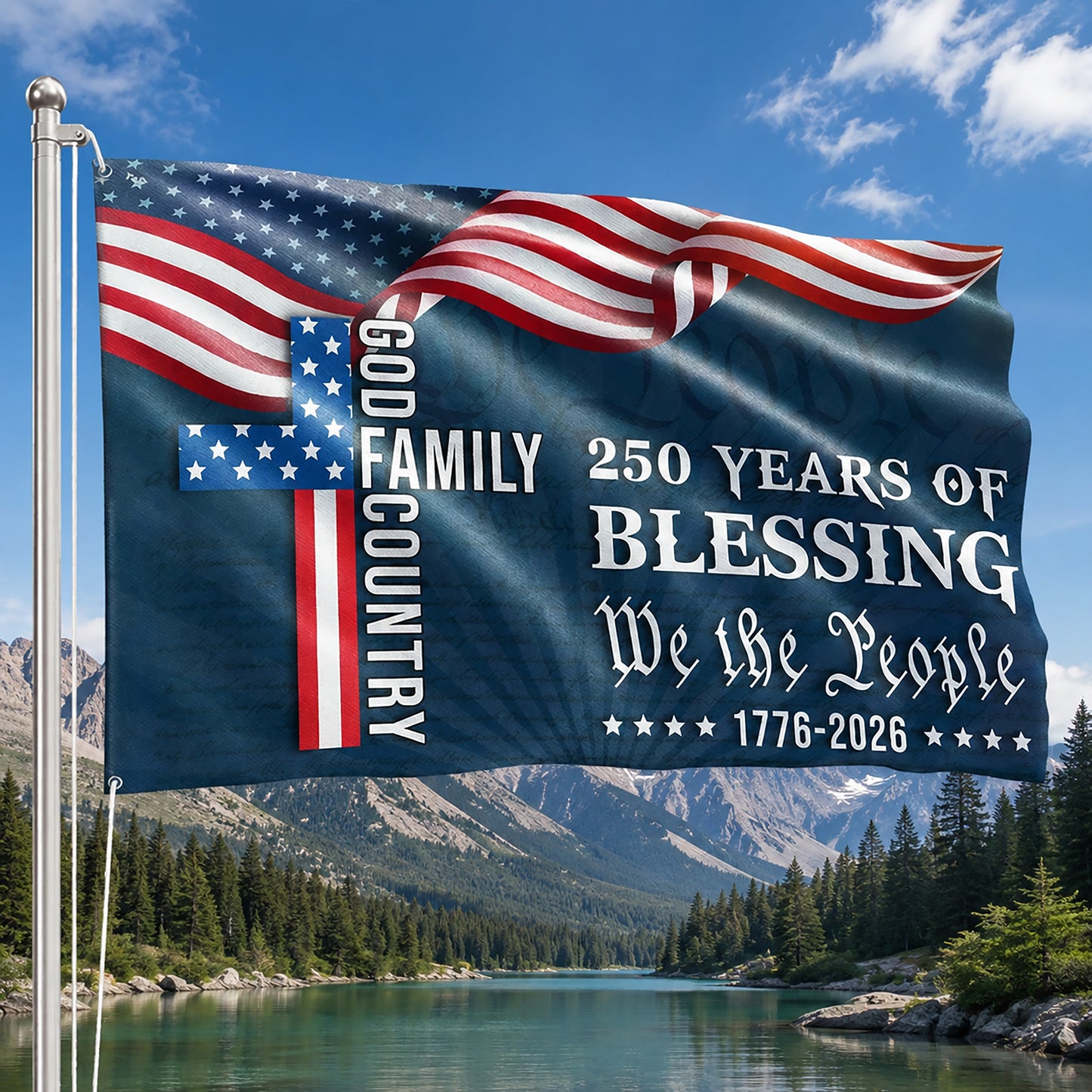 FLG-372-Navy Blue Patriotic Christian Cross Flag, United States Semiquincentennial 250th Anniversary Celebration Tapestry FREE SHIPPING