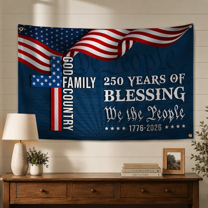 FLG-372-Navy Blue Patriotic Christian Cross Flag, United States Semiquincentennial 250th Anniversary Celebration Tapestry FREE SHIPPING