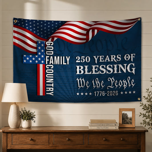 FLG-372-Navy Blue Patriotic Christian Cross Flag, United States Semiquincentennial 250th Anniversary Celebration Tapestry