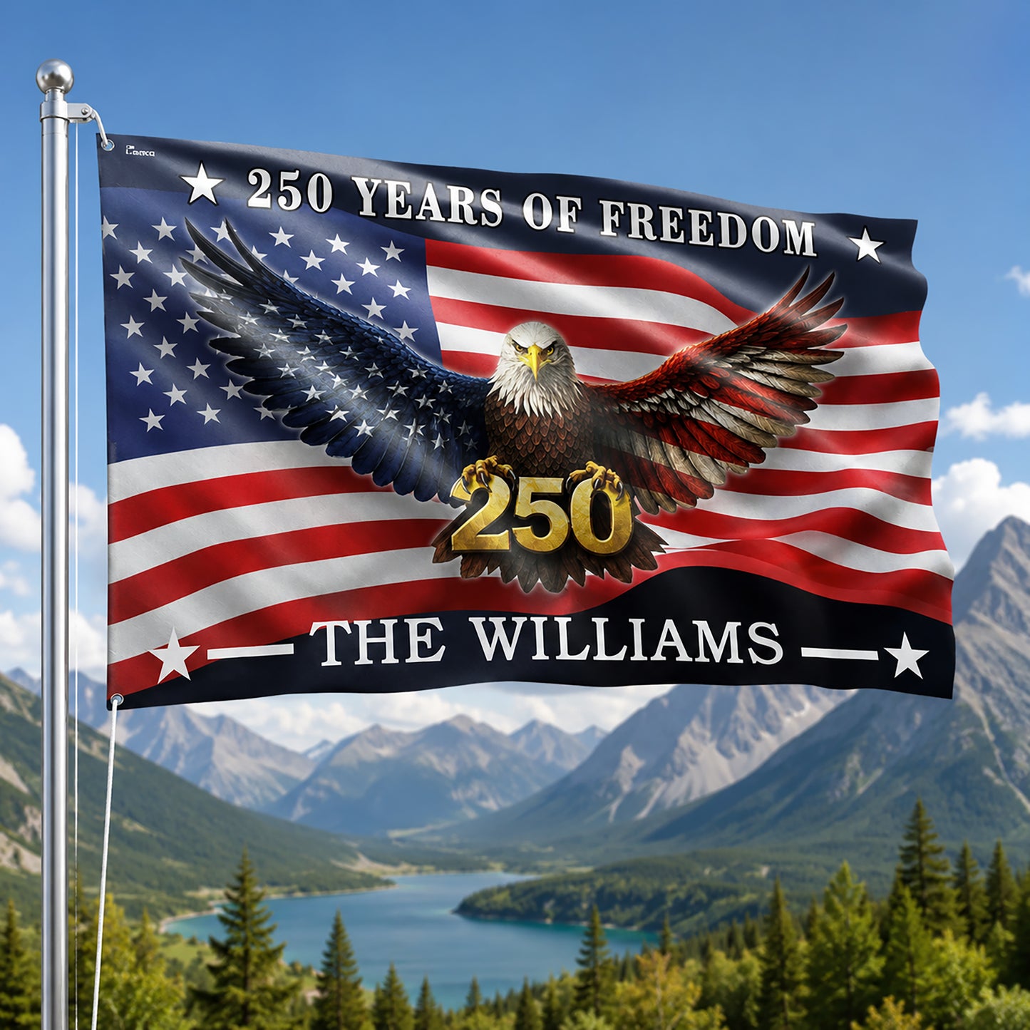FLG-374-American Flag Bald Eagle Banner, 250 Years Freedom Independence Day Williams Family Home Decoration FREE SHIPPING