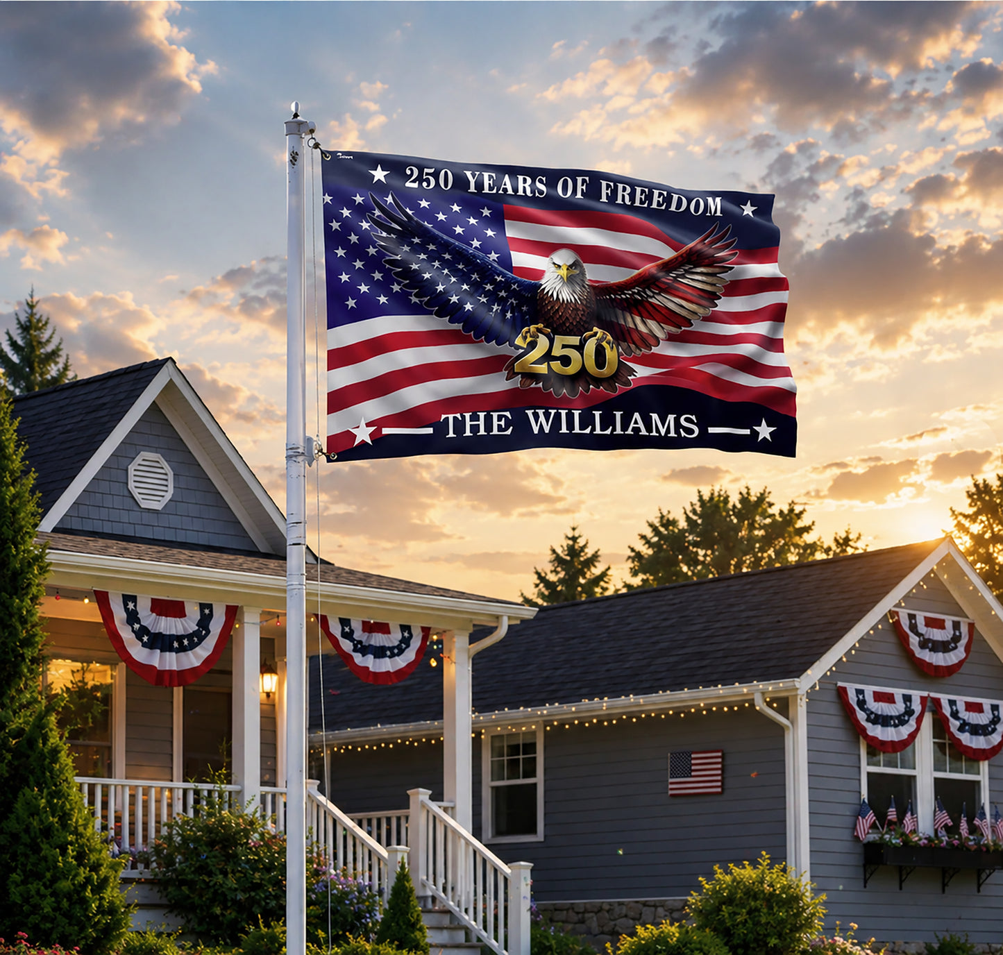 FLG-374-American Flag Bald Eagle Banner, 250 Years Freedom Independence Day Williams Family Home Decoration FREE SHIPPING