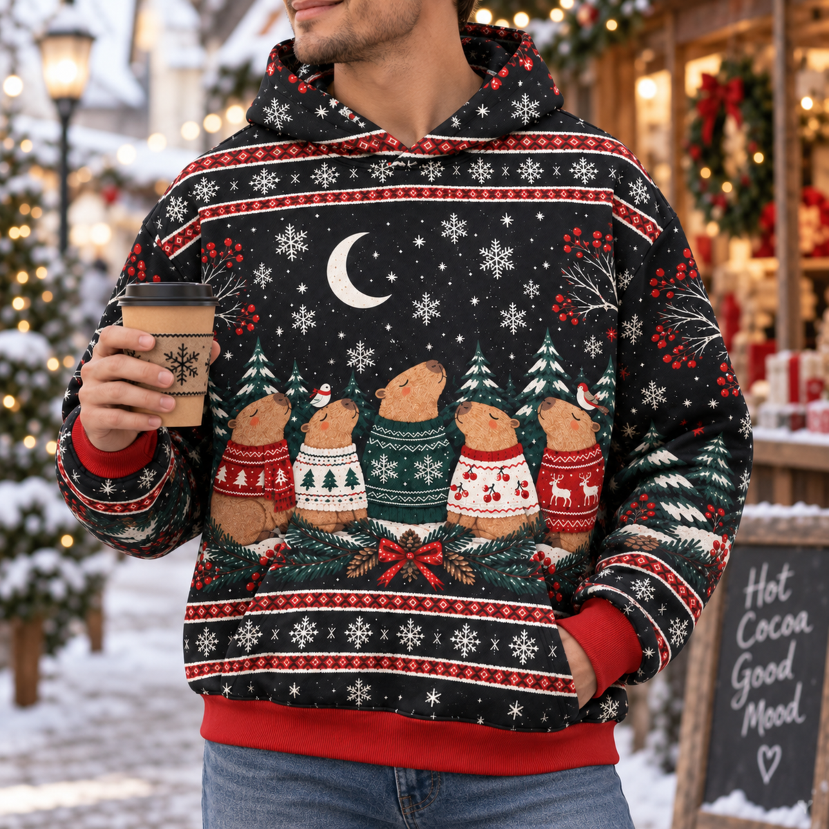 M2082-Christmas Capybara Ugly Sweater, Cozy Winter Snowflake Holiday Capybara Lover Gift
