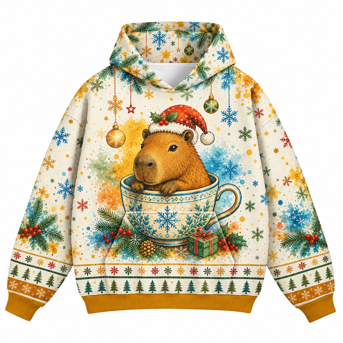 M2083-Christmas Capybara Tea Cup, Santa Hat Snowflake Cozy Winter Holiday Animal Design