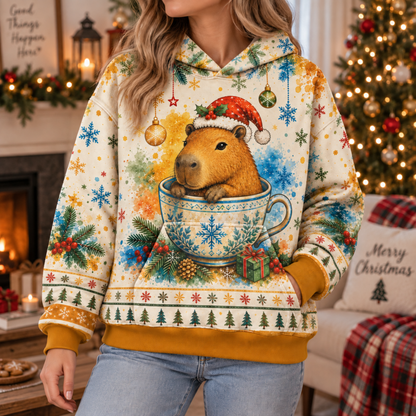 M2083-Christmas Capybara Tea Cup, Santa Hat Snowflake Cozy Winter Holiday Animal Design
