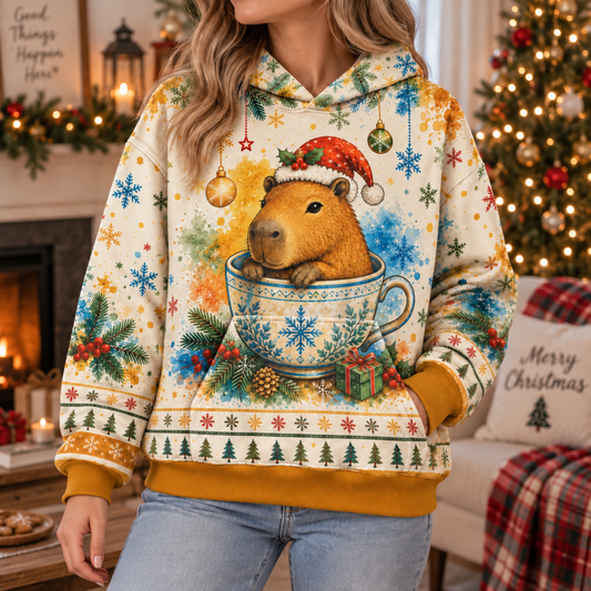 M2083-Christmas Capybara Tea Cup, Santa Hat Snowflake Cozy Winter Holiday Animal Design