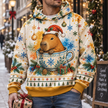 M2083-Christmas Capybara Tea Cup, Santa Hat Snowflake Cozy Winter Holiday Animal Design