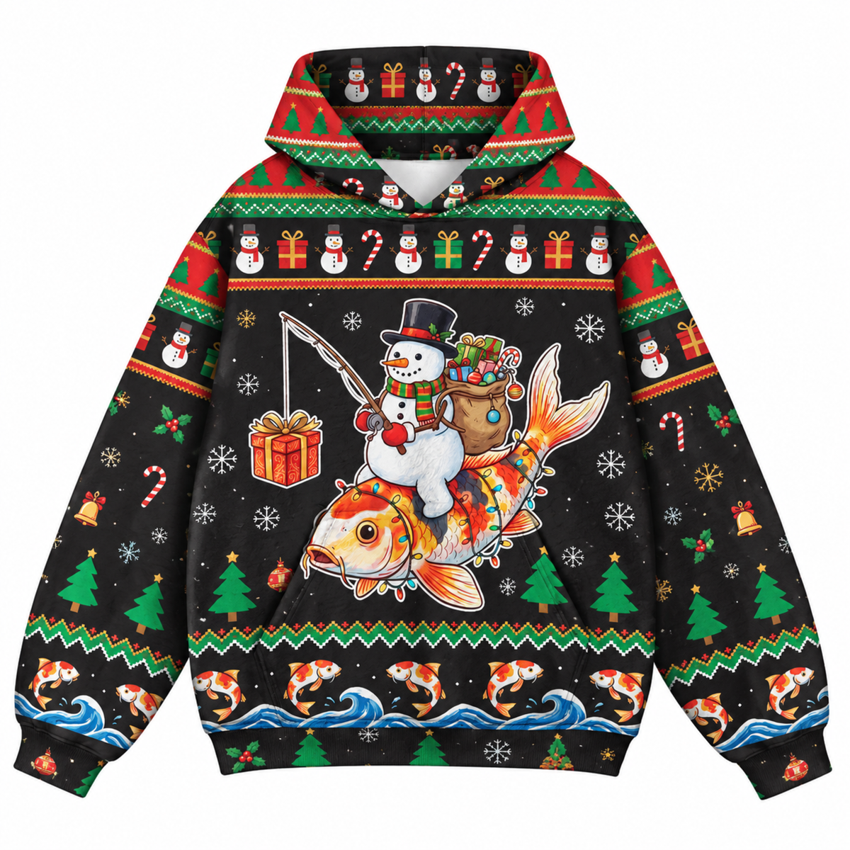 M2085-Christmas Snowman Koi Fish Collection, Funny Fishing Holiday Winter Festive Apparel