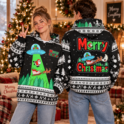 M2086-Alien Santa Christmas Collection, Funny UFO Abduction Reindeer Holiday Festive Apparel