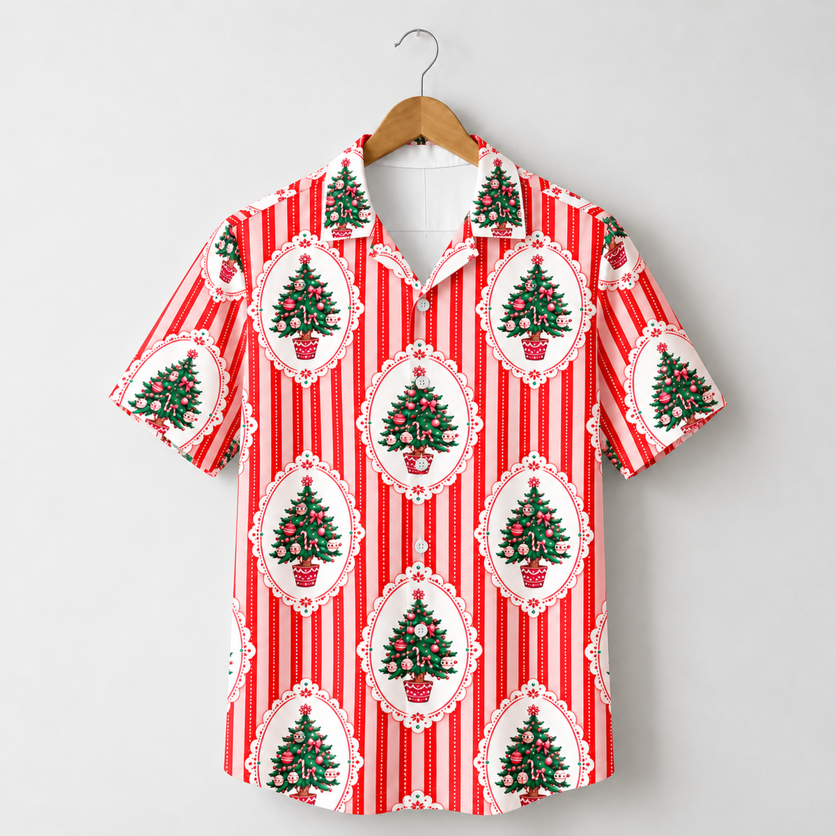 HW-1848-Vintage Christmas Tree Hawaiian Shirt, Red Stripe Holiday Tree Ornament Shirt, Retro Festive Christmas Summer Button Up