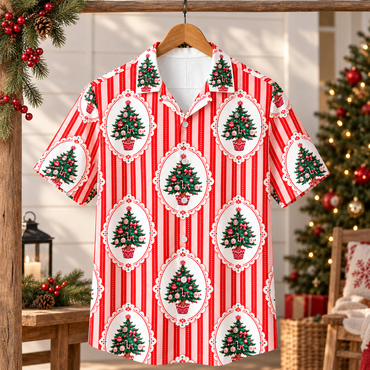 HW-1848-Vintage Christmas Tree Hawaiian Shirt, Red Stripe Holiday Tree Ornament Shirt, Retro Festive Christmas Summer Button Up