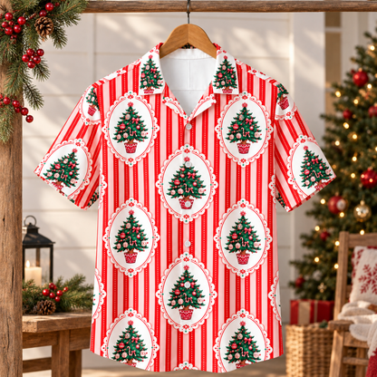 HW-1848-Vintage Christmas Tree Hawaiian Shirt, Red Stripe Holiday Tree Ornament Shirt, Retro Festive Christmas Summer Button Up